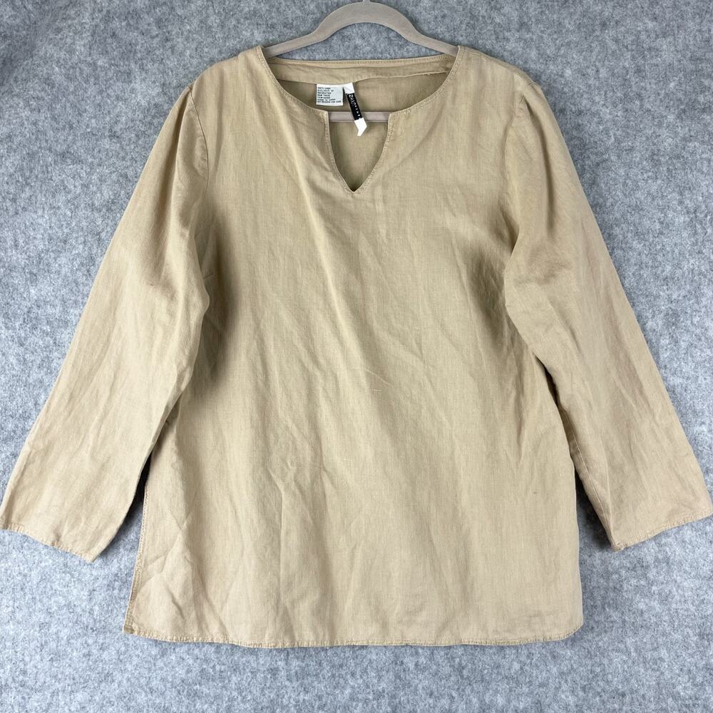 Ishyu 100% Linen Tunic Top Womens Large Beige Long Sleeve Minimal Casual Coastal